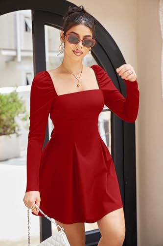 YMDUCH Women's Sexy Long Sleeve Square Neck Adjustable Straps Bow Tie A-line Mini Party Club Dress - Image 5