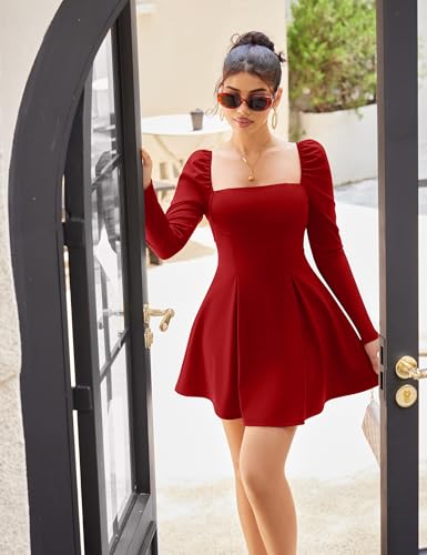 YMDUCH Women's Sexy Long Sleeve Square Neck Adjustable Straps Bow Tie A-line Mini Party Club Dress - Image 6