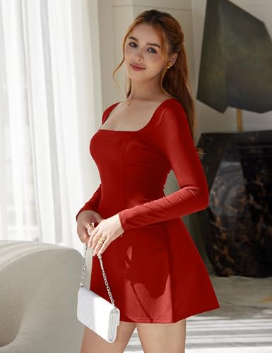YMDUCH Women's Sexy Square Neck Long Sleeve A-Line Mini Party Dress with Pockets - Image 4