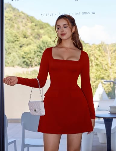 YMDUCH Women's Sexy Square Neck Long Sleeve A-Line Mini Party Dress with Pockets - Image 6