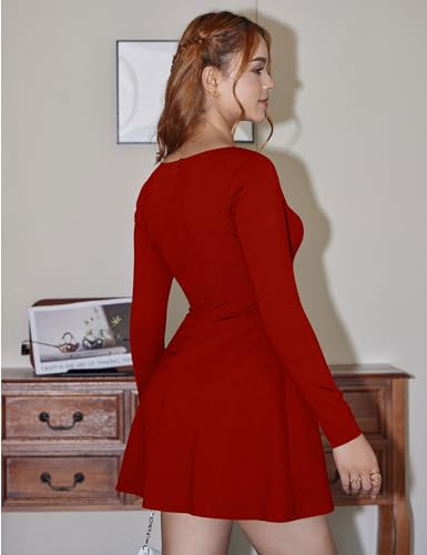 YMDUCH Women's Sexy Square Neck Long Sleeve A-Line Mini Party Dress with Pockets - Image 7