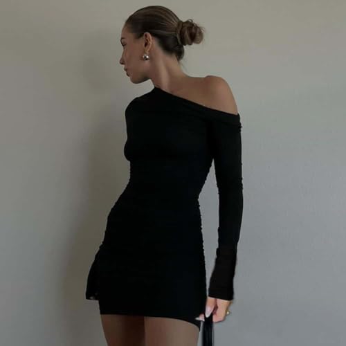 YOXUA Women's Elegant Sexy Off Shoulder Dress Long Sleeve Bodycon Ruched Formal Cocktail Party Mini Dresses - Image 5