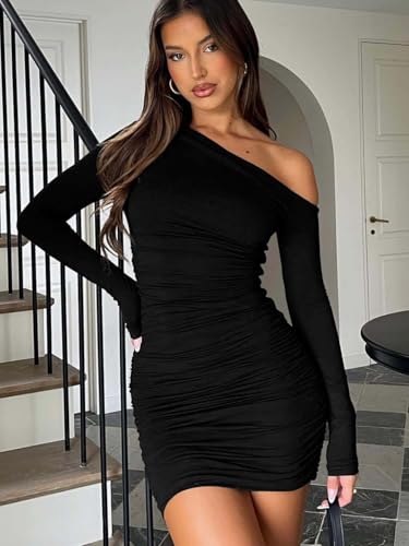 YOXUA Women's Elegant Sexy Off Shoulder Dress Long Sleeve Bodycon Ruched Formal Cocktail Party Mini Dresses - Image 6
