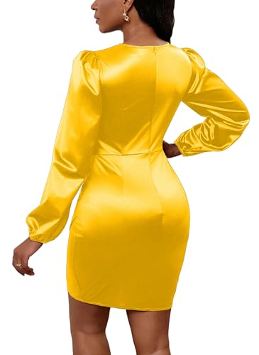 Yajedo Women's Sexy V Neck Long Sleeve Satin Dress Casual Elegant Cocktail Wedding Guest Mini Sheath Bodycon Dresses - Image 7