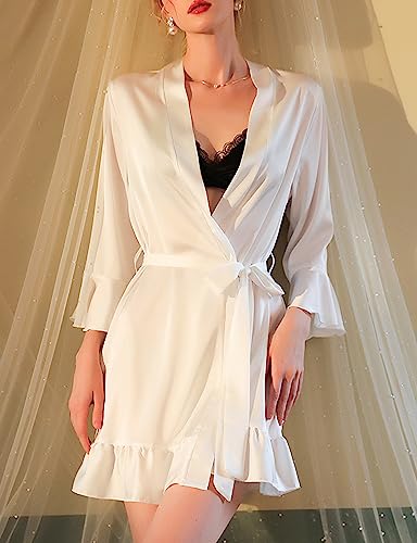 Yvipette Women's Belted Satin Kimono Night Robe Sexy V-neck 3/4 Flounce Sleeve Silk Sleepwear - Image 3
