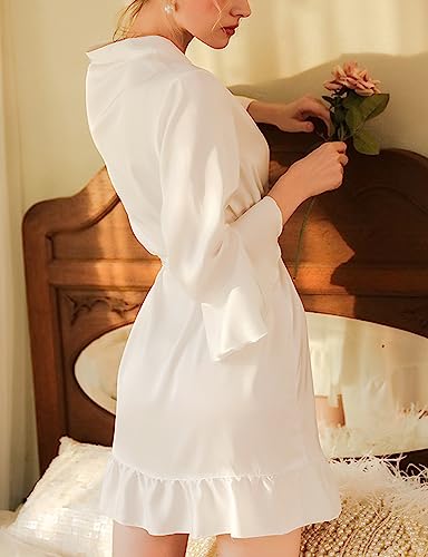 Yvipette Women's Belted Satin Kimono Night Robe Sexy V-neck 3/4 Flounce Sleeve Silk Sleepwear - Image 8