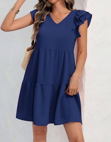 Zwurew Summer Babydoll Dresses for Women 2025 Cute Ruffle Cap Sleeve V-Neck Flowy Swing Mini Dress Sundress - Image 4