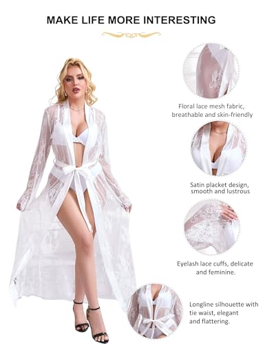 comeondear Sexy Lace Sheer Robe for Women Plus Size See Through Lace Nightgown Sheer Swimsuit Cover Up with Belt - Image 5