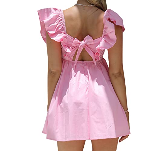 hibshaby Womens Sexy Deep V Neck Ruffle Sleeve Mini Dress Backless Lace Up Summer Dresses - Image 3