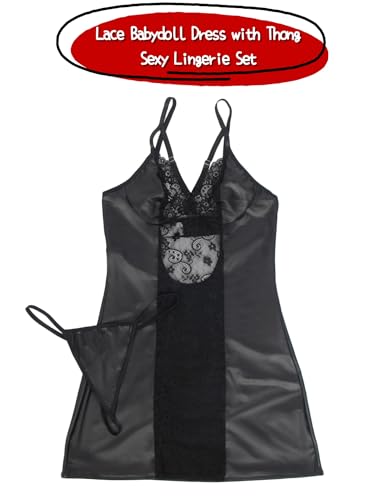ohyeah Black Lace Babydoll Lingerie Dress Set for Women Sexy V-Neck Slip Dress Wireless Nightgown Mini Boudoir Outfit, XS-4XL - Image 6