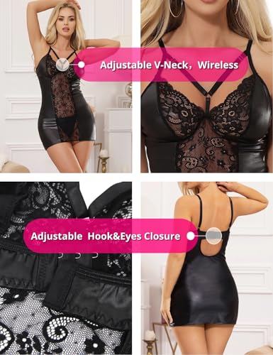 ohyeah Black Lace Babydoll Lingerie Dress Set for Women Sexy V-Neck Slip Dress Wireless Nightgown Mini Boudoir Outfit, XS-4XL - Image 7