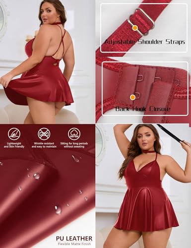 ohyeah Faux Leather Lingerie Set for Women Plus Size PU Lingerie V Neck Backless Babydoll Chemise Mini Lingerie Dress - Image 6