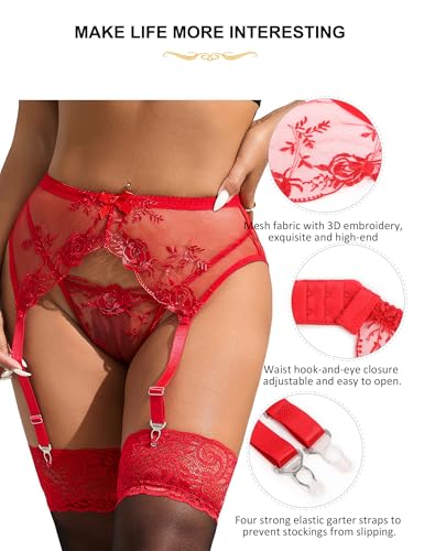 ohyeah Lace Garter Belt Thong Set for Women Plus Size Floral Embroidered Mesh Sheer Suspender Garter with 4 Metal Clips - Image 5