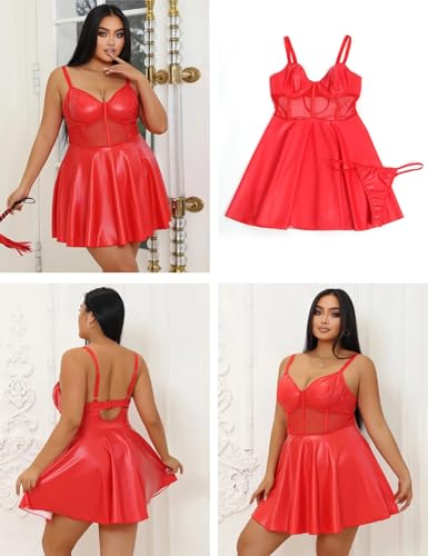 ohyeah Sexy PU Leather Mesh Babydoll Dress Lingerie Set for Women V Neck Slip Dress Underwire Nightgown Mini Boudoir Outfit - Image 5