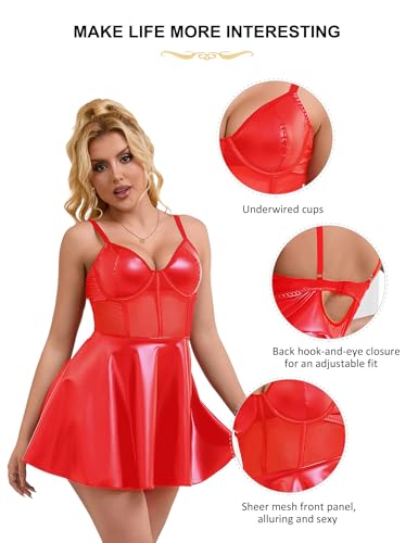 ohyeah Sexy PU Leather Mesh Babydoll Dress Lingerie Set for Women V Neck Slip Dress Underwire Nightgown Mini Boudoir Outfit - Image 7