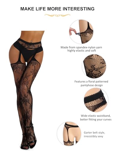 ohyeah Suspender Pantyhose for Women XS-5XL Floral Lace Fishnet Tights Thigh High Stockings with Garter Fishnet Leggings - Image 3