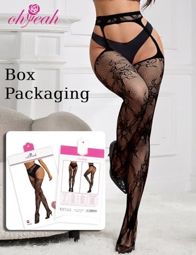 ohyeah Suspender Pantyhose for Women XS-5XL Floral Lace Fishnet Tights Thigh High Stockings with Garter Fishnet Leggings - Image 5