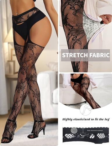 ohyeah Suspender Pantyhose for Women XS-5XL Floral Lace Fishnet Tights Thigh High Stockings with Garter Fishnet Leggings - Image 6