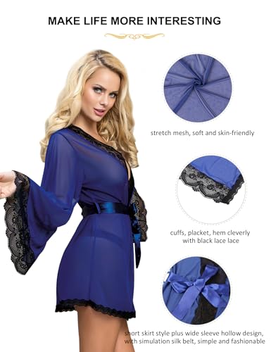 ohyeah Women Lace Kimono Robe Lingerie Sexy Robes Mesh Chemise Nightgown Flare Sleeve Bathrobe - Image 5