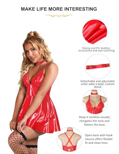 ohyeahlady PU Leather Lingerie Set for Women Sexy Clubwear Babydoll Halloween Wet Look Chemise Mini Dress Outfits S-2XL - Image 6