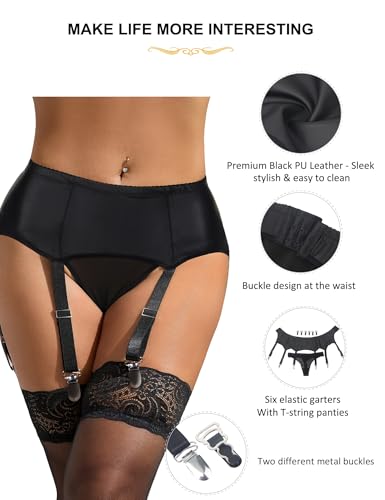 ohyeahlady Womens Faux Leather Garter Belt with 6 Strap Metal Clip Sexy Suspender Sets for Thigh Highs with G-String Thongs - Image 6