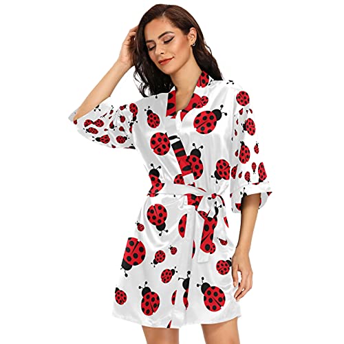 susiyo Red Ladybug Animals Satin Robe for Women, Kimono Style Short Silky Bathrobe Sleepwear - Image 3