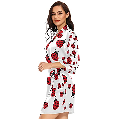 susiyo Red Ladybug Animals Satin Robe for Women, Kimono Style Short Silky Bathrobe Sleepwear - Image 5