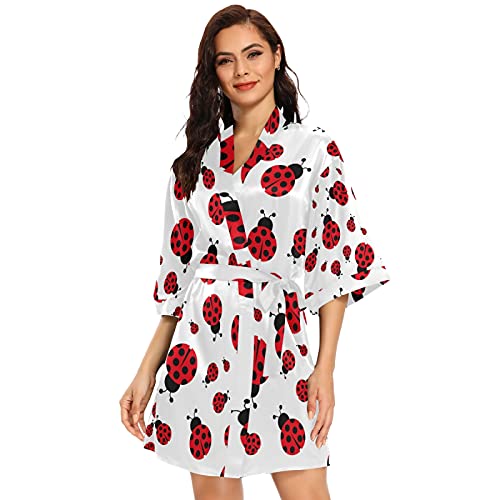 susiyo Red Ladybug Animals Satin Robe for Women, Kimono Style Short Silky Bathrobe Sleepwear